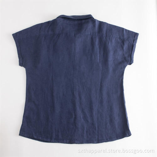Ladies Spring 100% Linen Short Sleeve Shirt Blouse